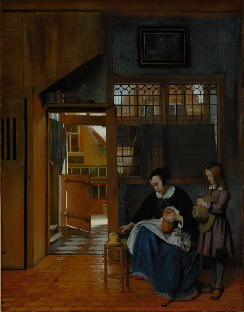 A Woman Preparing Bread and Butter for a Boy av Pieter De Hooch