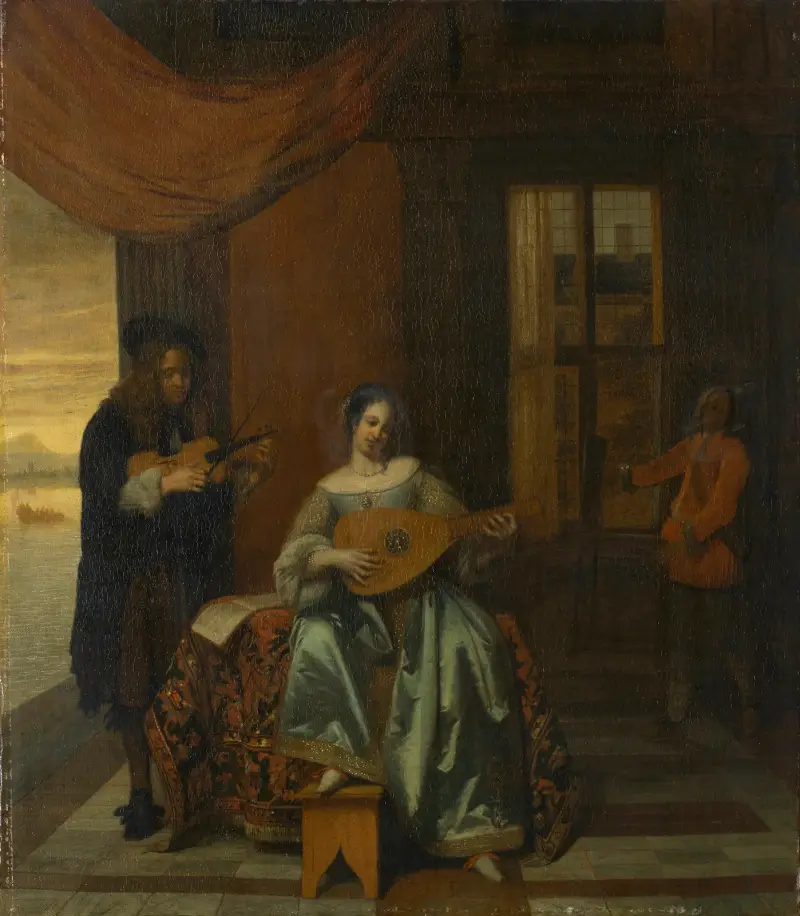 Interiör med en kvinna som spelar luta och en man som spelar violin av Pieter De Hooch