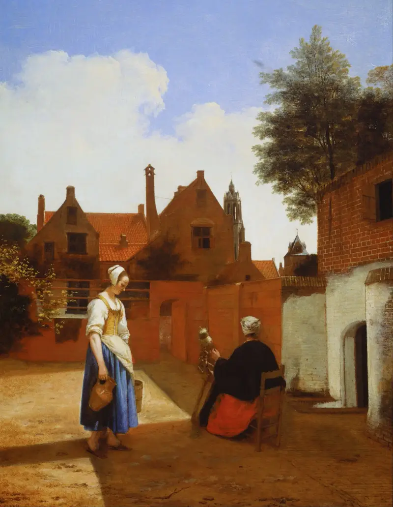 Gård i Delft på kvällen – en kvinna som spinner av Pieter De Hooch