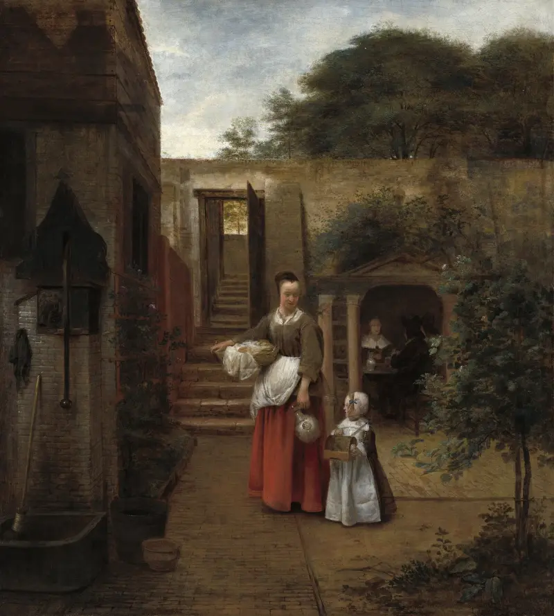 Kvinna och barn på en gård av Pieter De Hooch