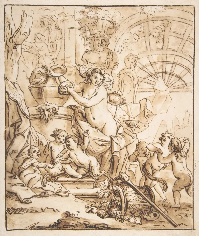 Bacchanalisk scen med nymfer och putti av Gerard de Lairesse