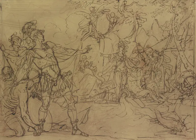 En ung krigare är på väg att anfalla ett läger, Minerva hindrar honom, omgiven av nymfer och amoretto som bär vapensköldar av Gerard de Lairesse