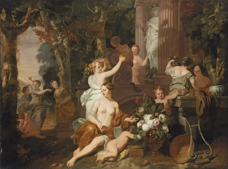 Nymfer och backanter hyllar vid Floras tempel av Gerard de Lairesse