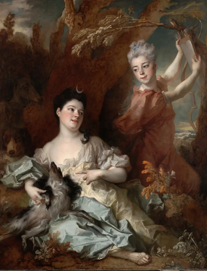 Porträtt av grevinnan de Montsoreau och hennes syster som Diana och en tjänarinna av Nicolas de Largillière
