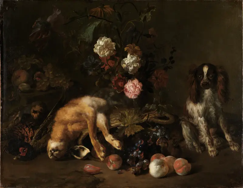 Stilleben med jagat vilt, blommor, frukt och en spaniel av Nicolas de Largillière