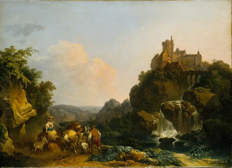 Landskap med vattenfall, slott och bönder av Philip James de Loutherbourg