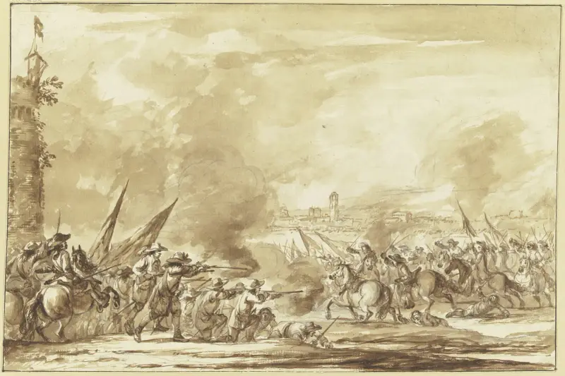 Ryttarattack mot infanteri utanför en stads portar av Philip James de Loutherbourg