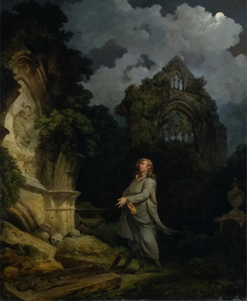 Besökare på en kyrkogård i månsken av Philip James de Loutherbourg