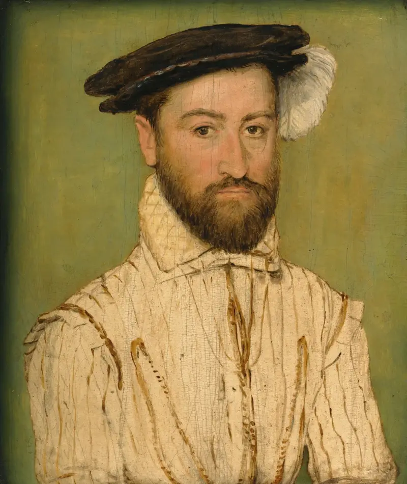 Porträt eines bärtigen Herrn mit schwarzer Baskenmütze und weißer Feder von Corneille de Lyon
