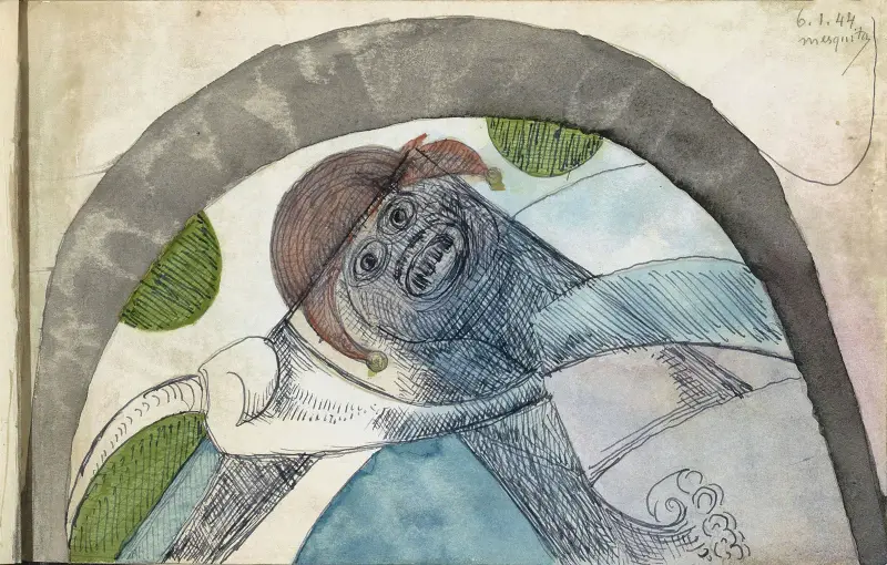 Anthropomorphe Figur mit Harlekinmütze unter einem Bogen von Samuel Jessurun de Mesquita