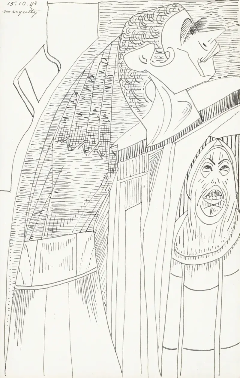 Figur med spetsig näsa och långa ögonfransar i profil mot höger av Samuel Jessurun de Mesquita
