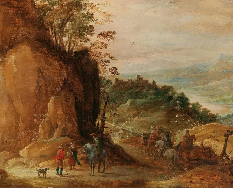 A rocky landscape with horsemen av Joos de Momper