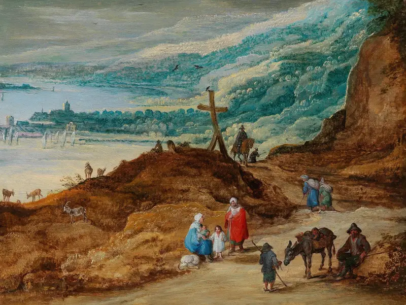 A wide mountainous landscape with travellers av Joos de Momper