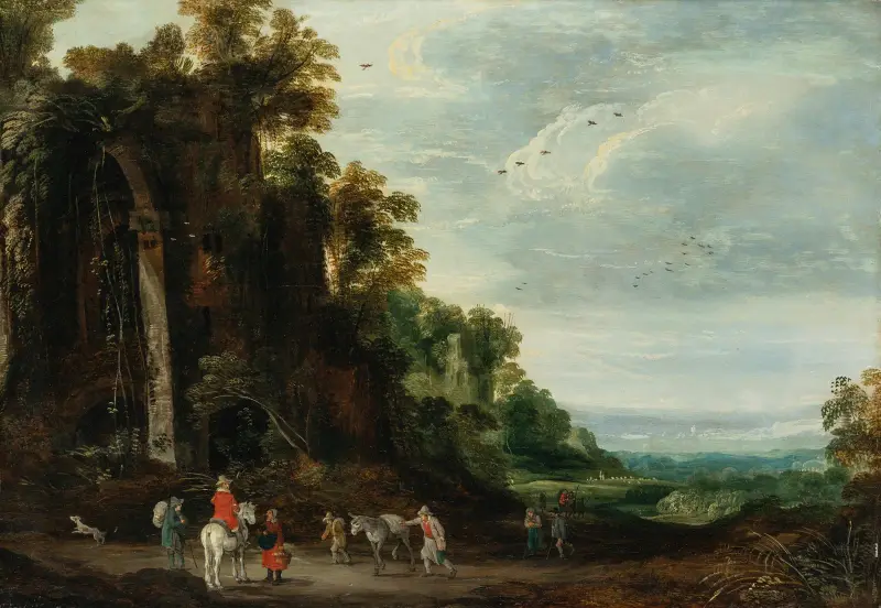 Skogslandskap med ryttare som samtalar med bönder vid ett igenvuxet slott av Joos de Momper