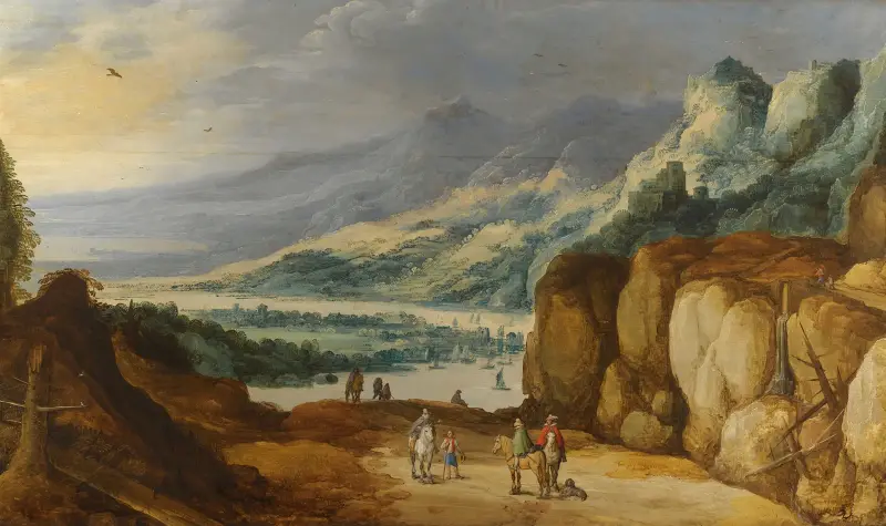 An Extensive Mountainous River Landscape With Horsemen Conversing On A Raised Plateau av Joos de Momper