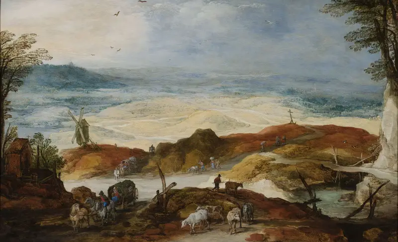 Sandy landscape with travellers and cattle av Joos de Momper