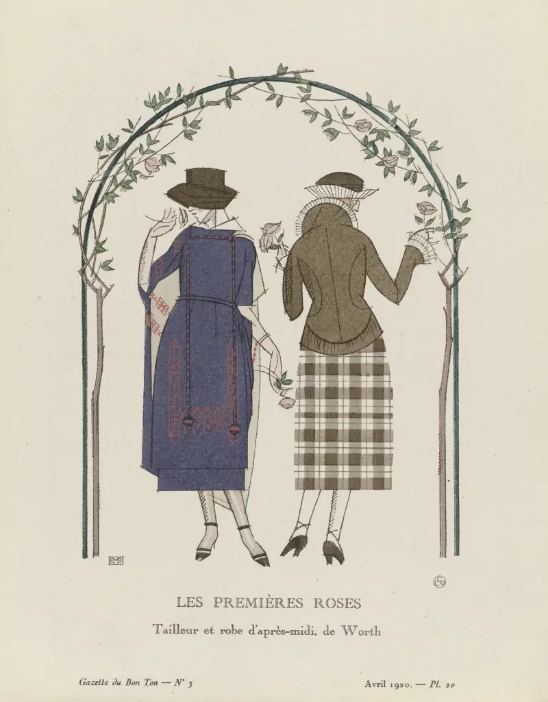 Les premières roses, Tailleur et robe d’après-midi, de Worth, 1920 – nr 1 av Bernard Boutet de Monvel