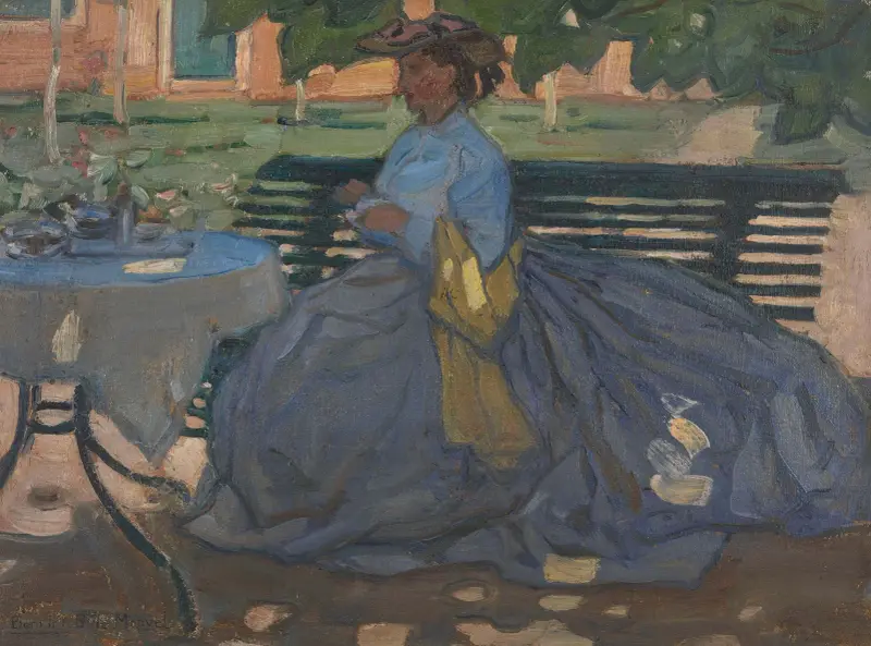 Woman at a garden table av Bernard Boutet de Monvel