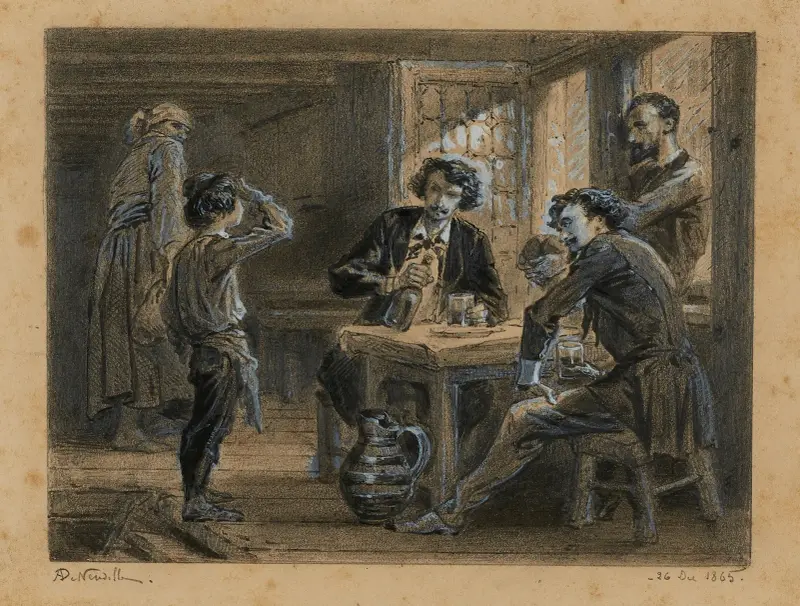 16. Gavroche och ABC-vännerna hos mor Hucheloup – Glada förberedelser av Alphonse Marie de Neuville