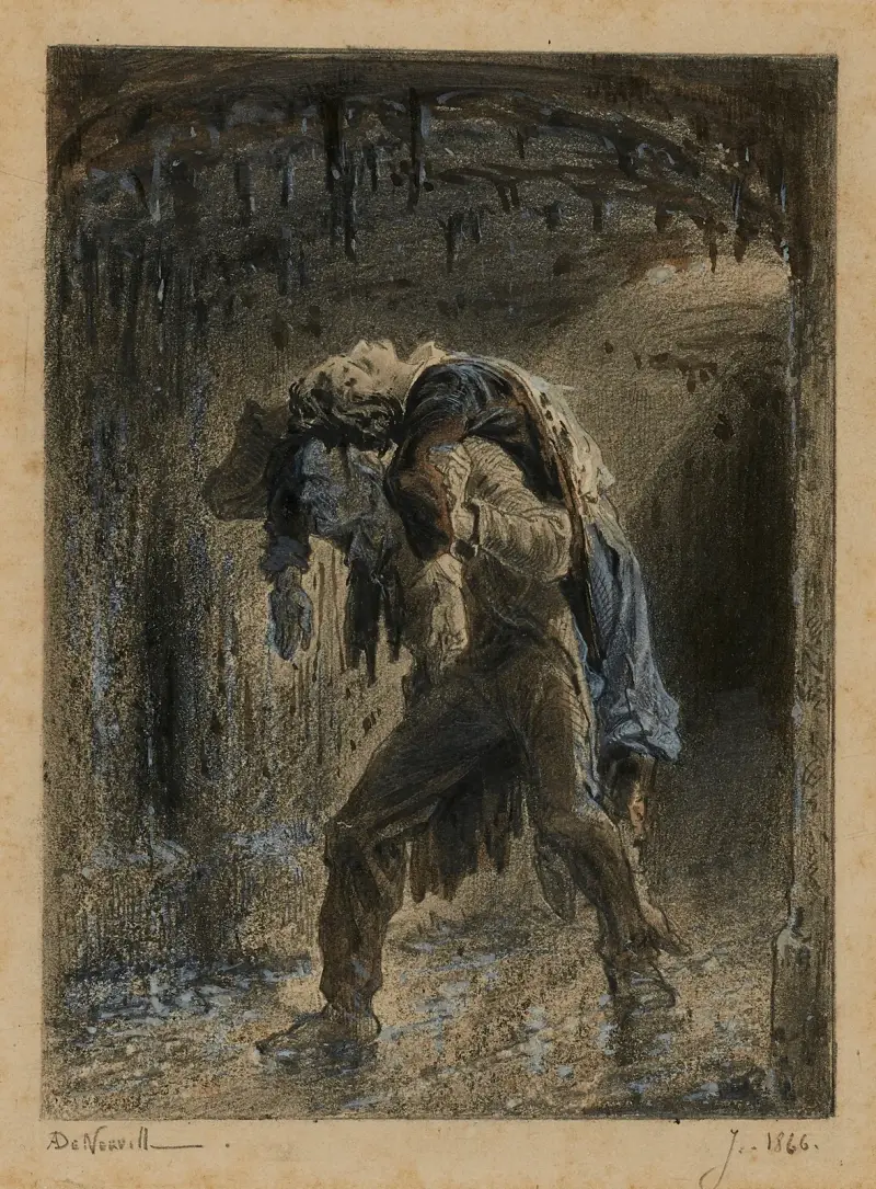 Jean Valjean och Marius i kloaken. Även han bär sitt kors av Alphonse Marie de Neuville