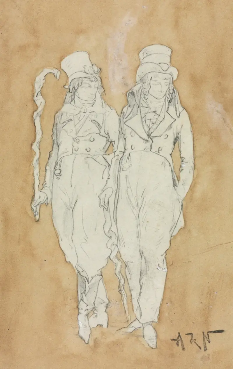 Zwei modische junge Männer (stehend) von Alphonse Marie de Neuville