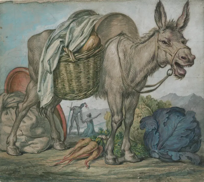 Schreiender Esel mit Gemüse, dahinter David und Abigail von David Humbert de Superville