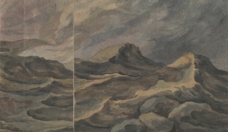Fantastische Berglandschaft; im Vordergrund „Der Turmbau zu Babel“ von David Humbert de Superville