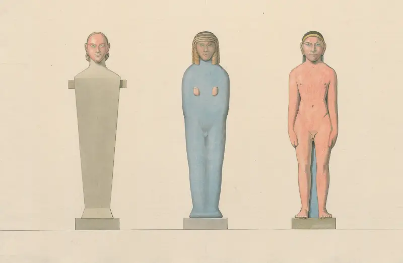 Tre statyer som visar skulpturens utveckling av David Humbert de Superville
