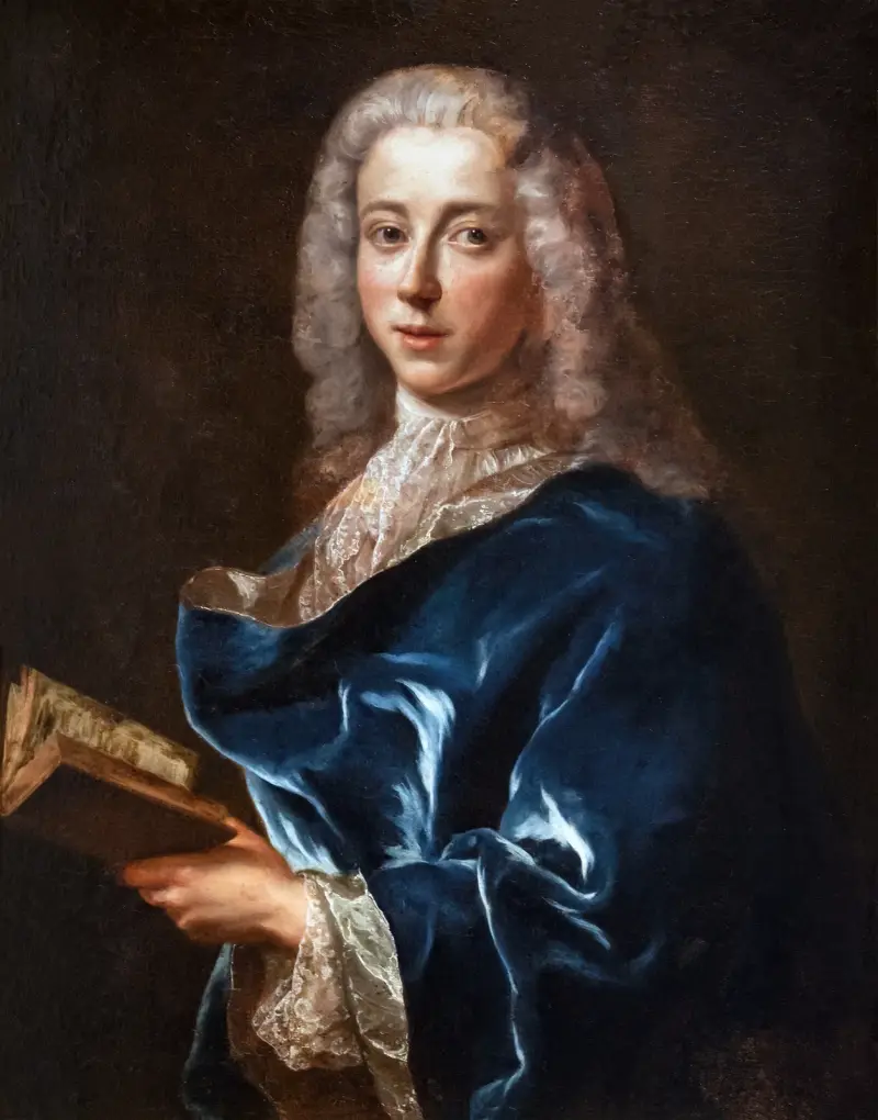 Porträtt av en man i blå kappa med bok av Jean-François de Troy