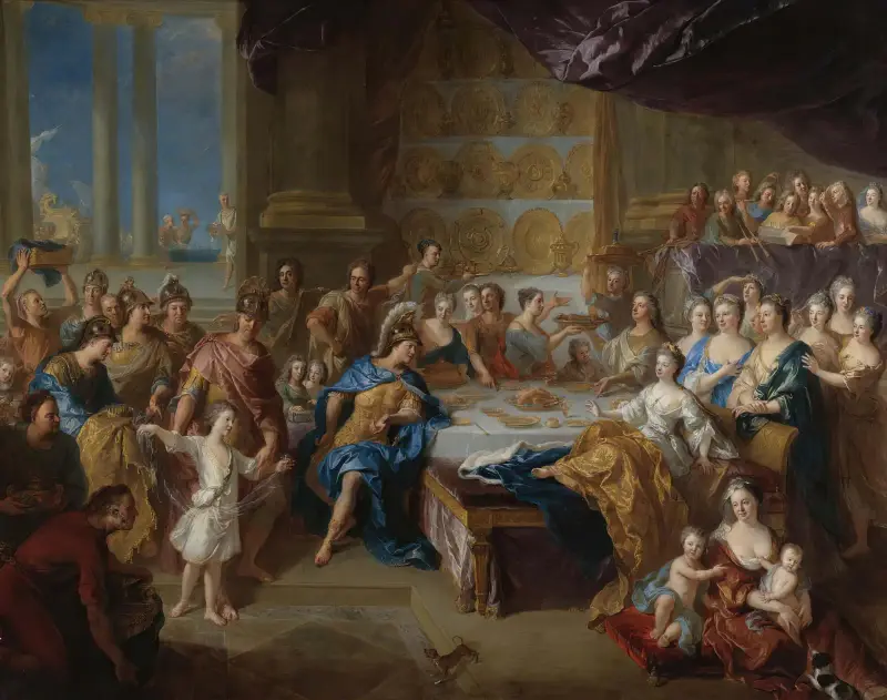 Das Fest der Dido und des Aeneas; ein allegorisches Porträt der Familie des Herzogs und der Herzogin du Maine von Jean-François de Troy