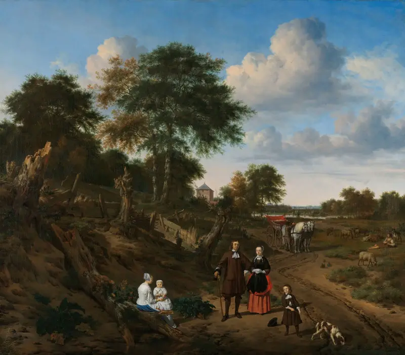 Porträtt av ett par med två barn och en barnflicka i landskap av Adriaen van de Velde