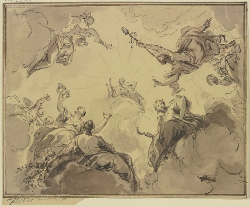Apollo omgiven av Bacchus, Ceres, Flora och andra gudar av Jacob de Wit