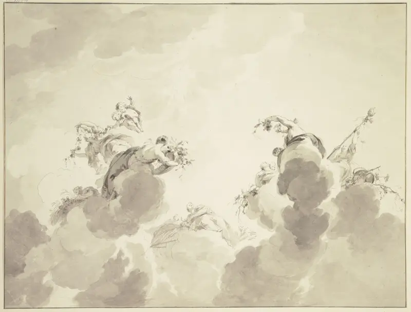 Bacchus, Ceres und Flora mit Gefolge in Wolken schwebend von Jacob de Wit