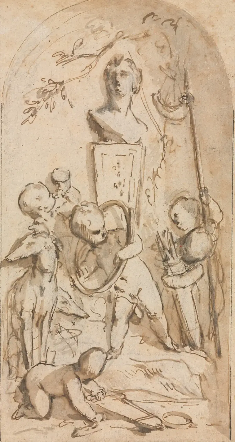 Büste der Diana mit Putti und Jagdattributen von Jacob de Wit