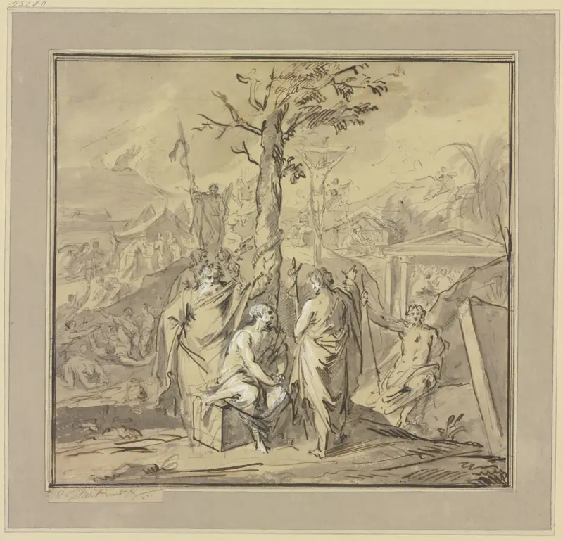 En sittande vid kunskapens träd tar emot undervisning av Moses och Johannes Döparen av Jacob de Wit