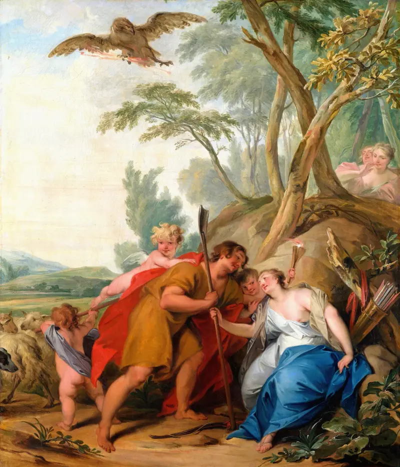 Jupiter, förklädd till herde, förför Mnemosyne, minnenas gudinna av Jacob de Wit
