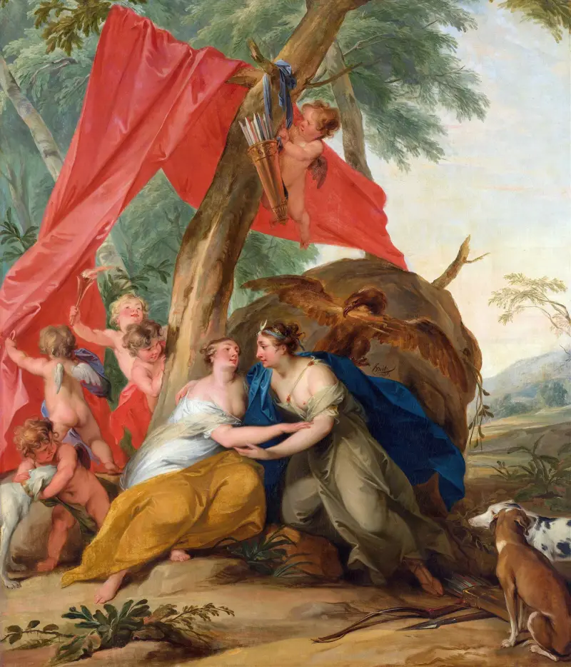 Jupiter, förklädd till Diana, förför nymfen Callisto av Jacob de Wit
