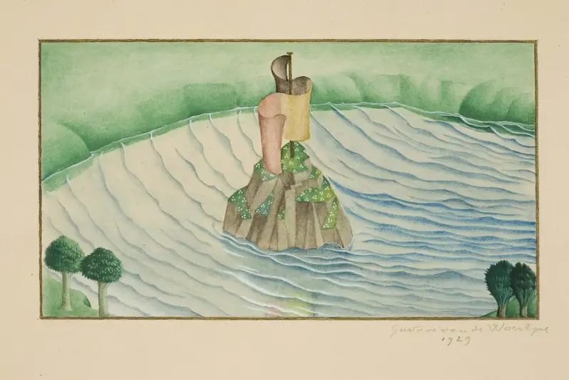 Klippö med banderoll mitt i en sjö av Gustave Van de Woestijne