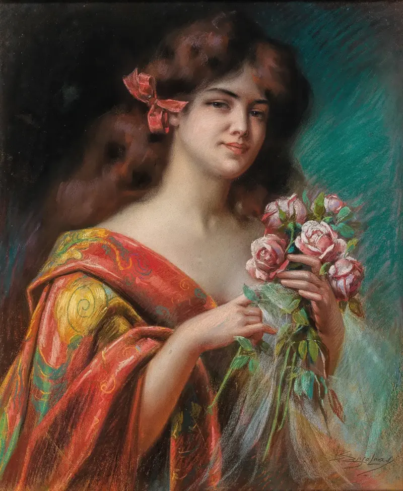 Porträtt av en dam i negligé med rosor av Delphin Enjolras