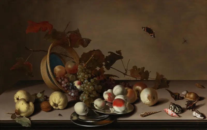 Fruchtstillleben mit Korb, Muscheln und einem Schmetterling von Balthasar van der Ast