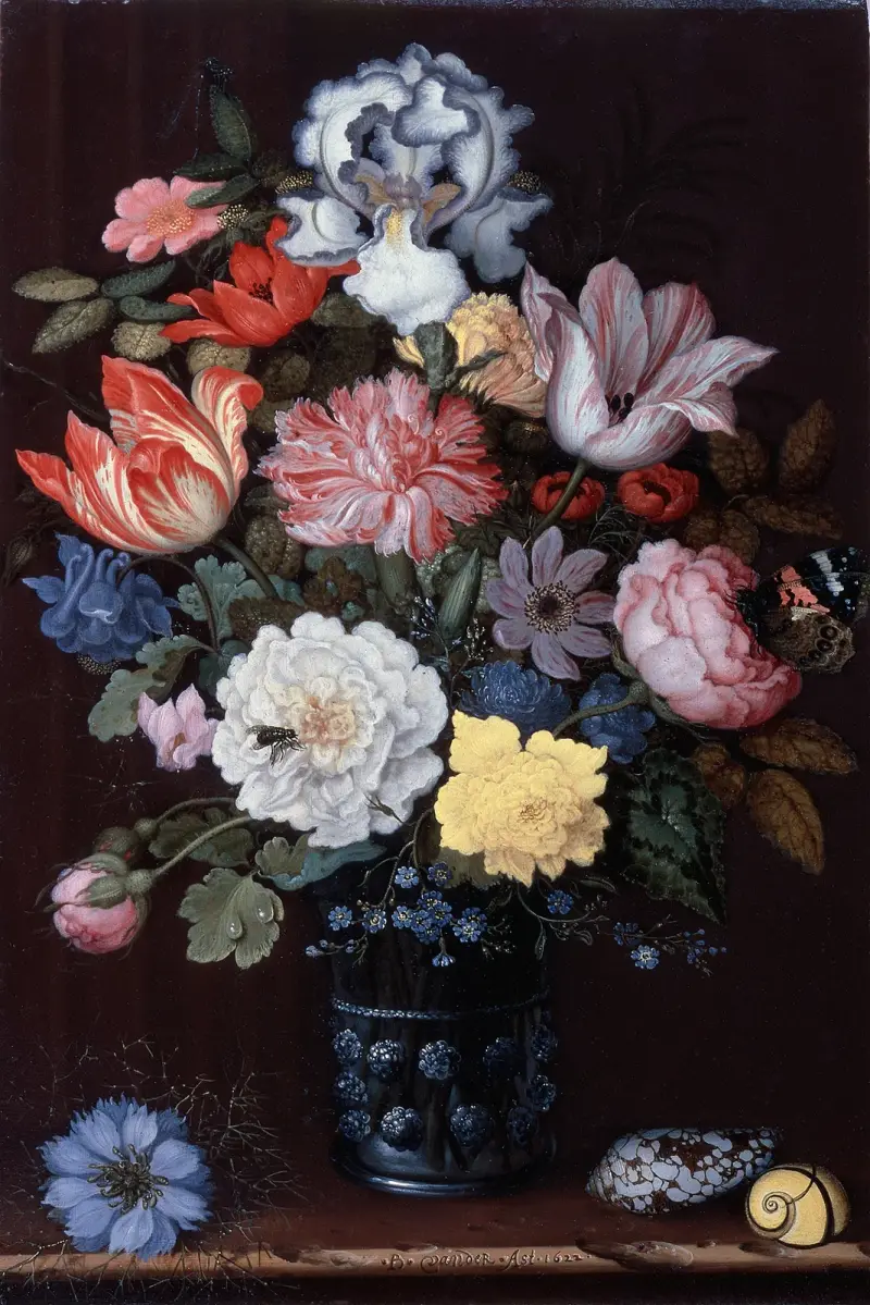 Květinové zátiší s mušlemi, Balthasar van der Ast