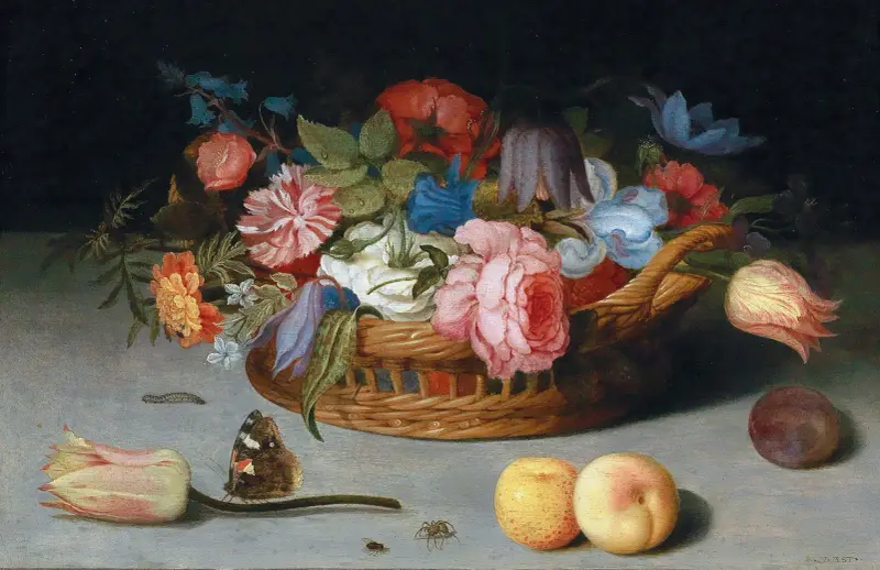 Rosen, Tulpen, Iris und andere Blumen in einem Weidenkorb, mit Früchten und Insekten auf einer Steinplatte von Balthasar van der Ast