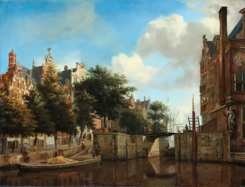 Stadtansicht von Amsterdam mit Häusern am Herengracht und der alten Haarlemmersluis von Jan van der Heyden