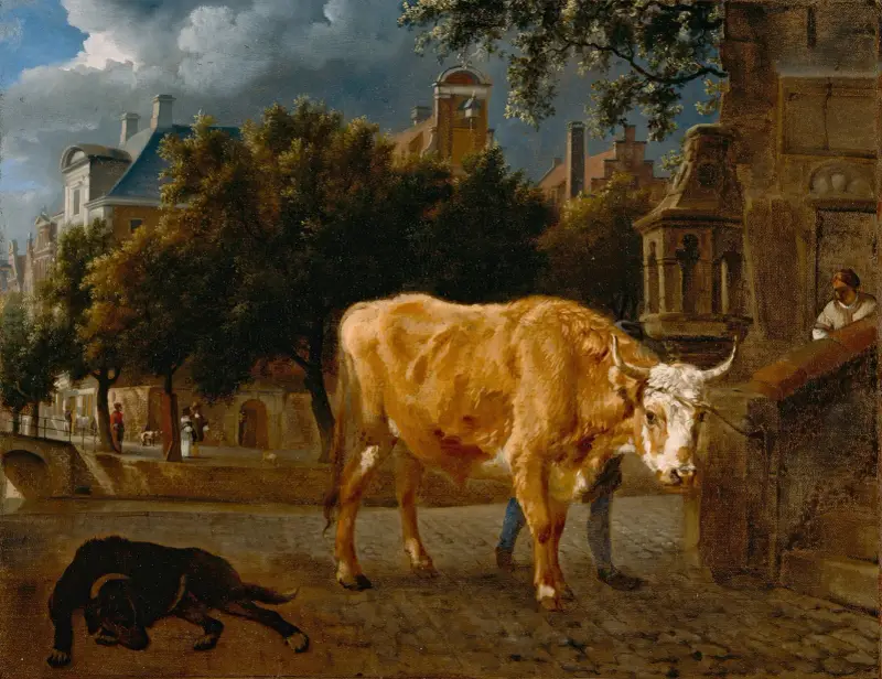 Stier in einer Stadtstraße von Jan van der Heyden