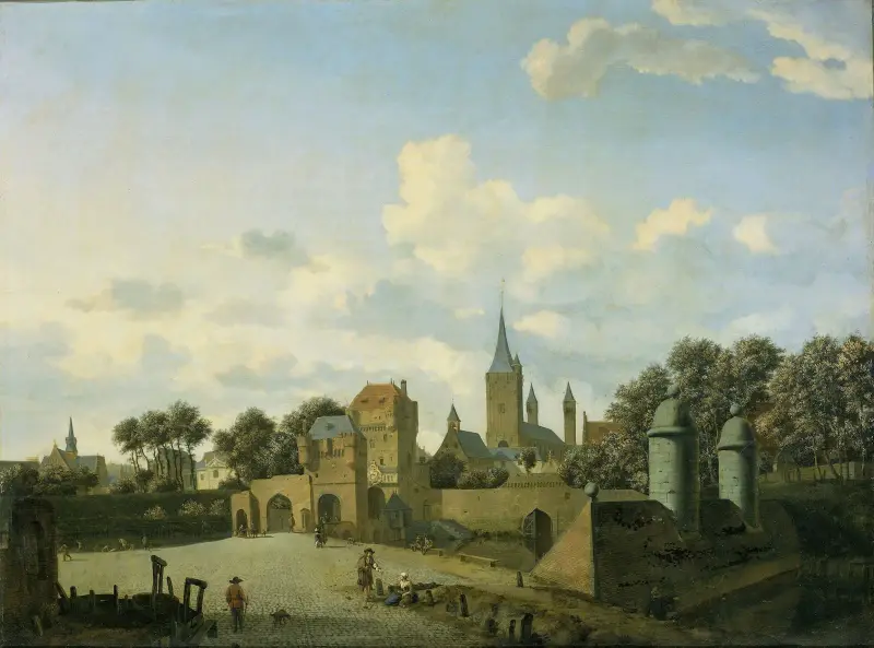 Sankt Severinkyrkan i Köln i en inbillad miljö av Jan van der Heyden