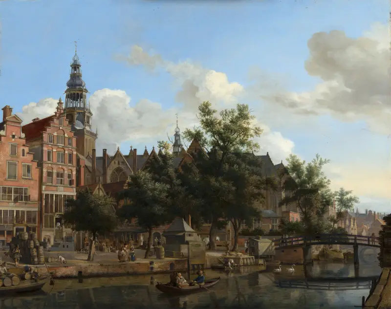 Vy över Oudezijds Voorburgwal med Oude Kerk i Amsterdam av Jan van der Heyden
