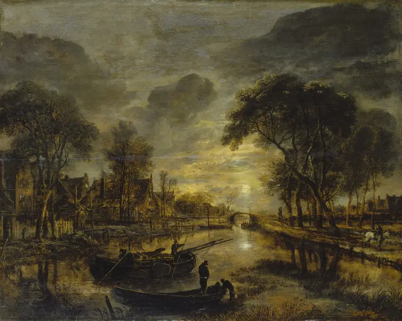 Nattligt kanallandskap med fiskebåtar av Aert van der Neer