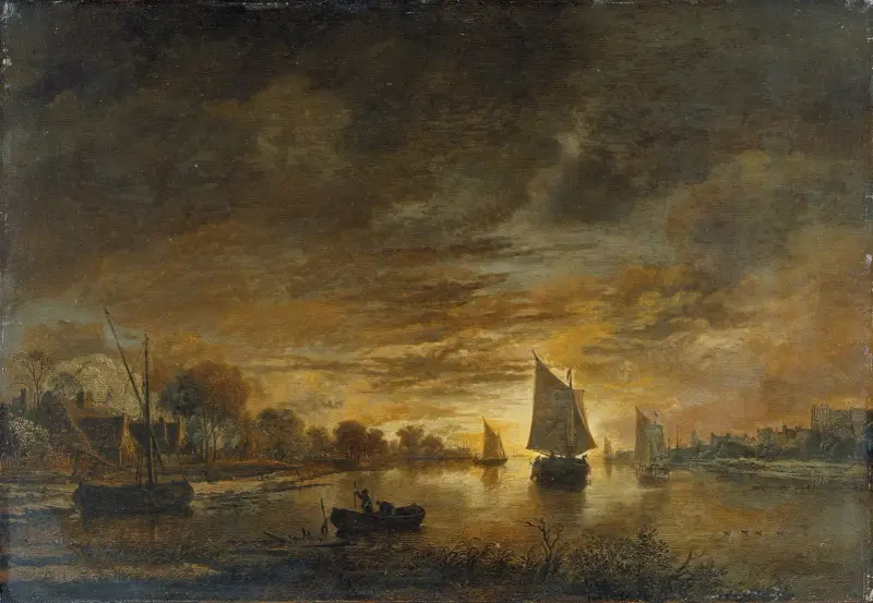 Flodlandskap med fartyg vid månuppgång av Aert van der Neer