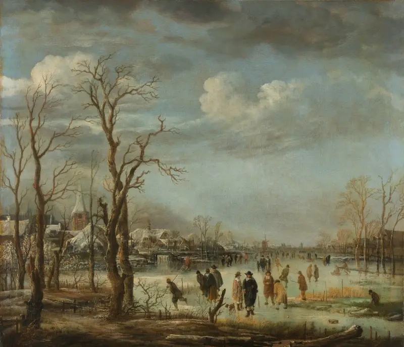 Vinterlandskap nära en stad med kala träd av Aert van der Neer