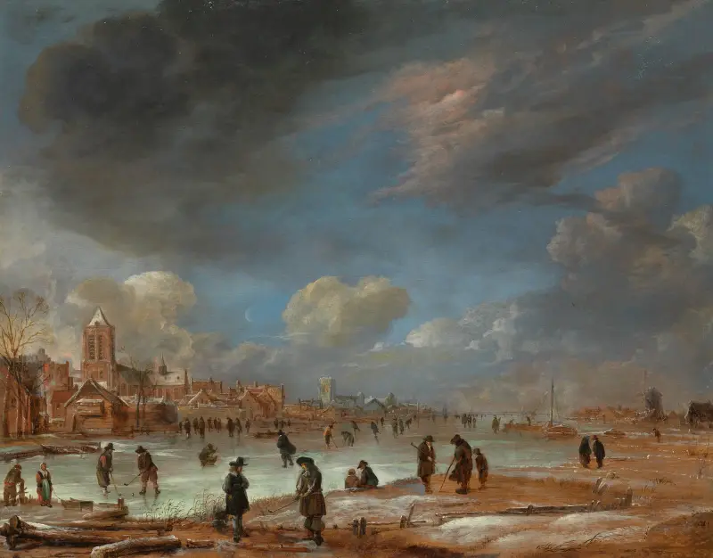 Winterlandschaft bei einer Stadt mit Kolfspielern von Aert van der Neer